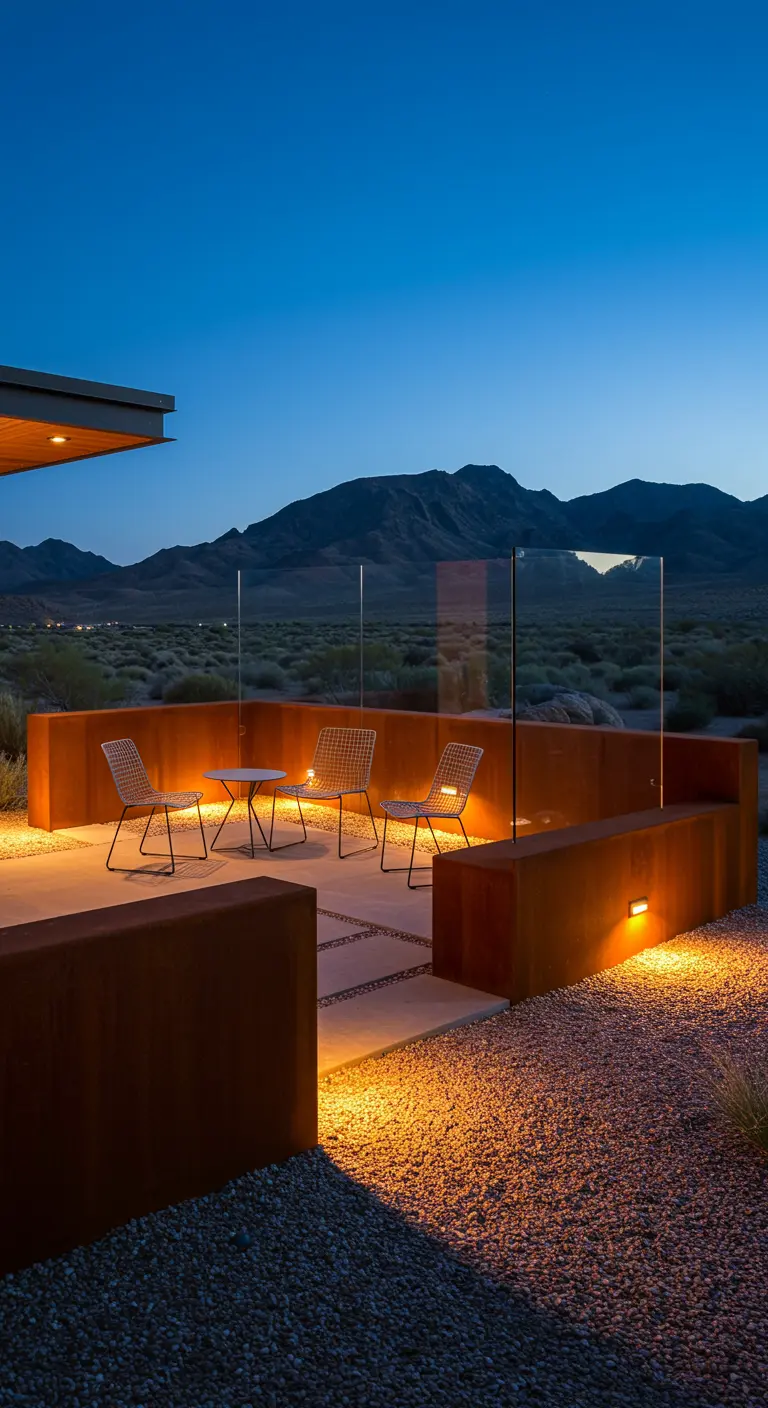 Patio en el desierto con paredes bajas de acero corten y luces cálidas empotradas.