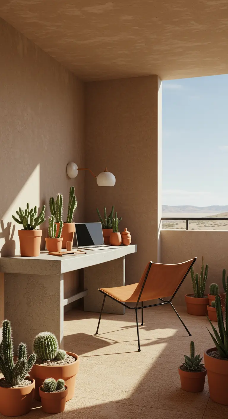 Oficina en balcón de estilo desértico con escritorio de cemento y colección de cactus