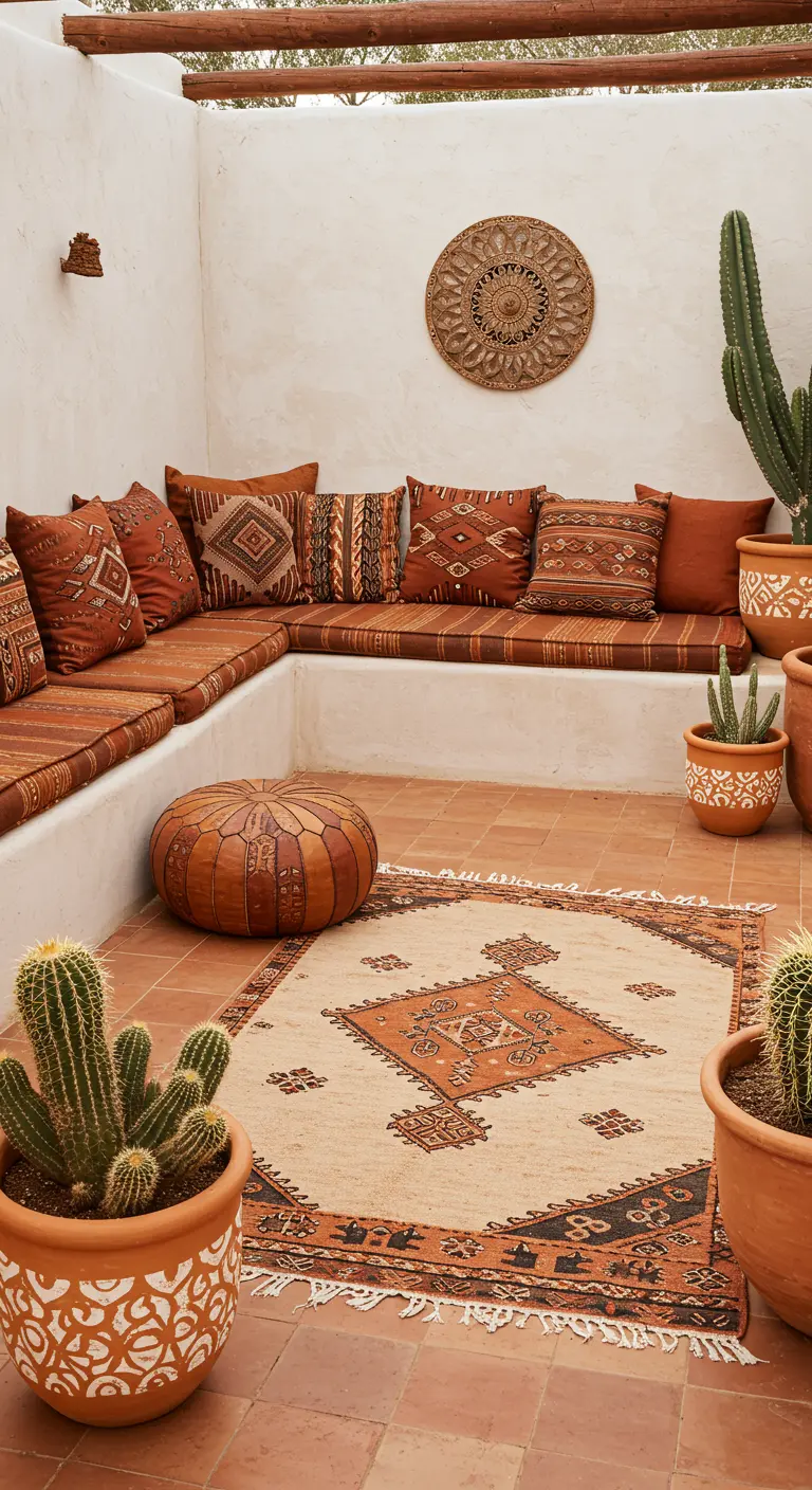 Patio de estilo desértico con banco de obra, cojines en tonos tierra y alfombra bereber.