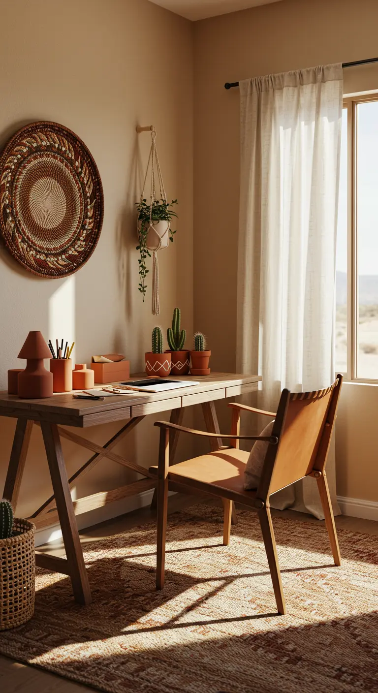 Rincón de trabajo de inspiración desértica con tonos arena, silla de cuero y cactus.