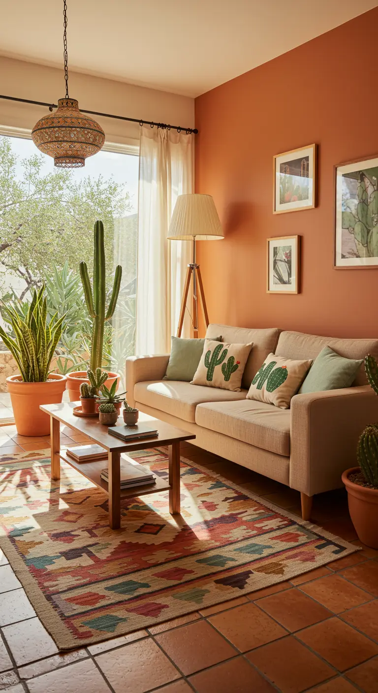 Sala de estar con paredes terracota, sofá beige con cojines de cactus y una gran planta de cactus.