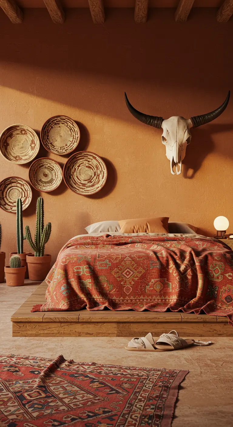 Dormitorio de estilo suroeste con paredes terracota, cama baja, cestas de mimbre y un cráneo de toro.