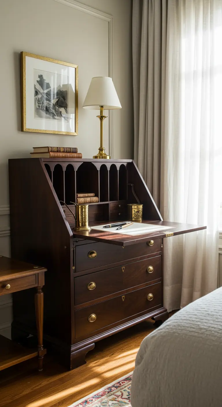 Escritorio secreter de madera oscura de estilo clásico con compartimentos y cajones.