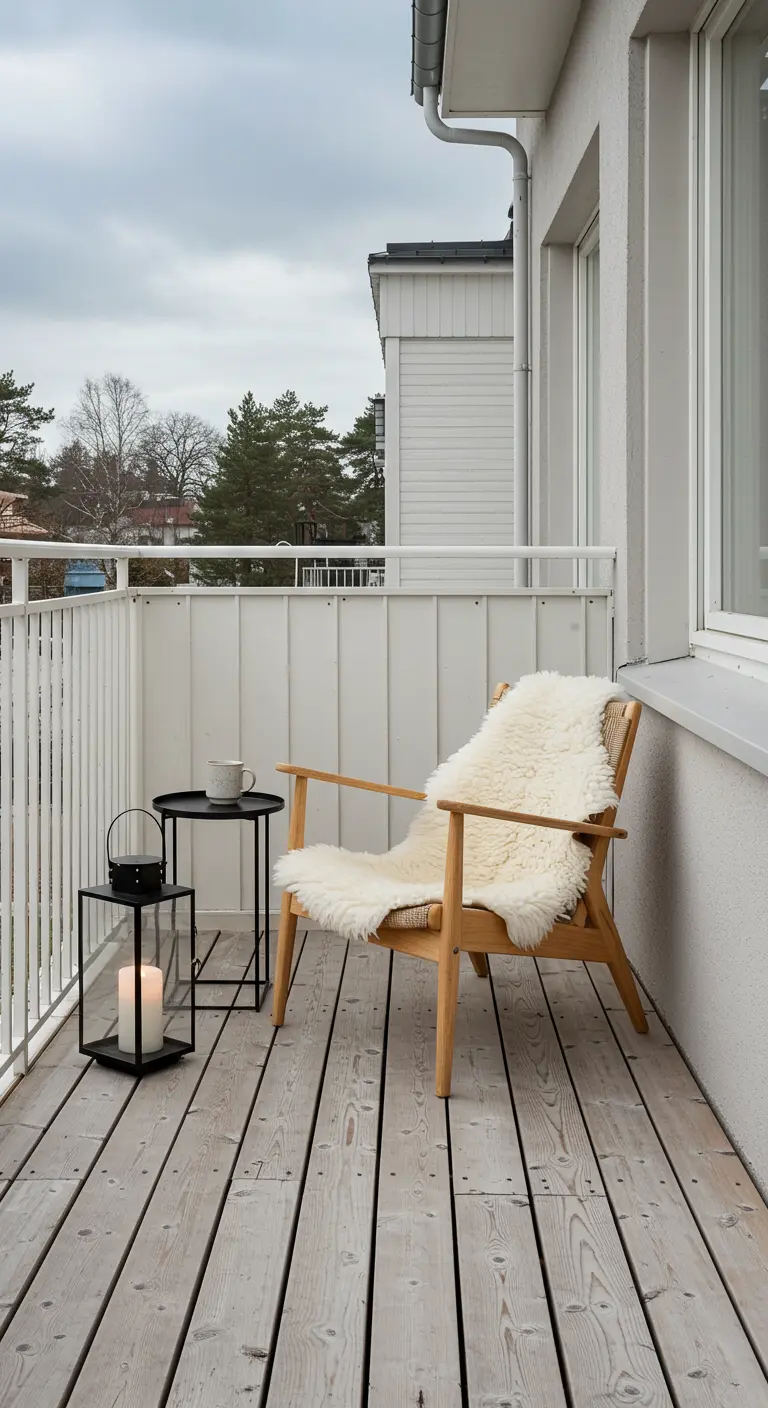 Balcón de estilo escandinavo con silla de madera, piel de oveja y farol negro.