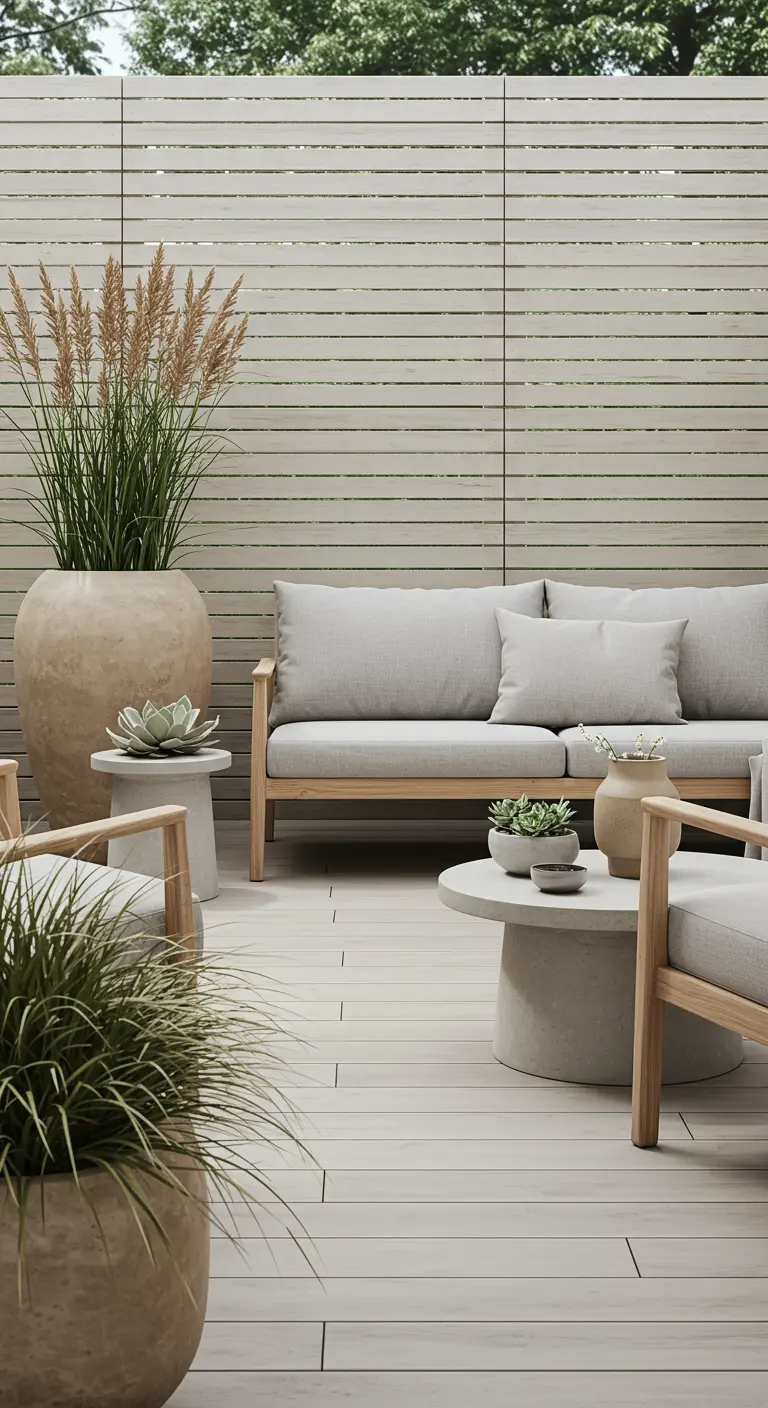 Patio con tarima gris, valla de lamas, sofá de madera con cojines grises y mesas de cemento con suculentas