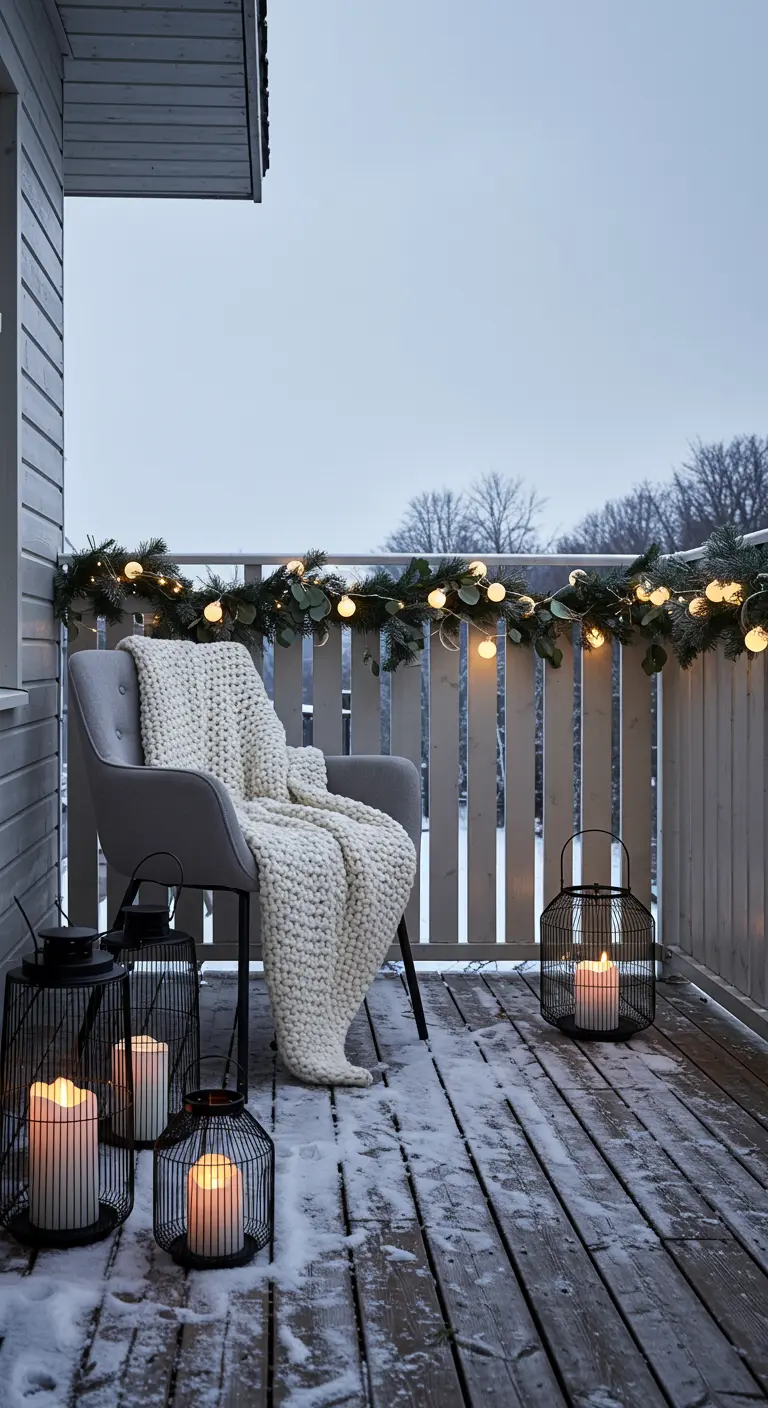 Balcón de estilo escandinavo con manta de punto grueso, farolillos negros y guirnalda sutil.