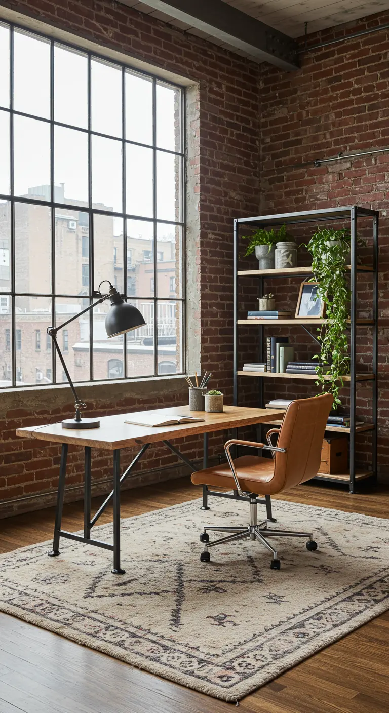 Oficina en casa de estilo industrial con pared de ladrillo visto y muebles de madera y metal.