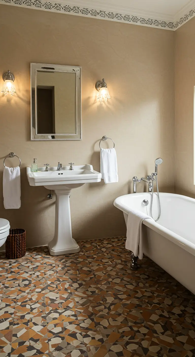 Baño de estilo clásico con suelo de mosaico trencadís en tonos tierra