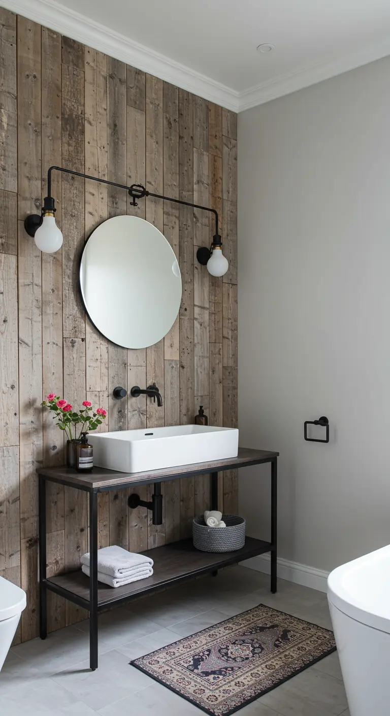Baño con pared de madera reciclada, lavabo sobre encimera y detalles en metal negro.