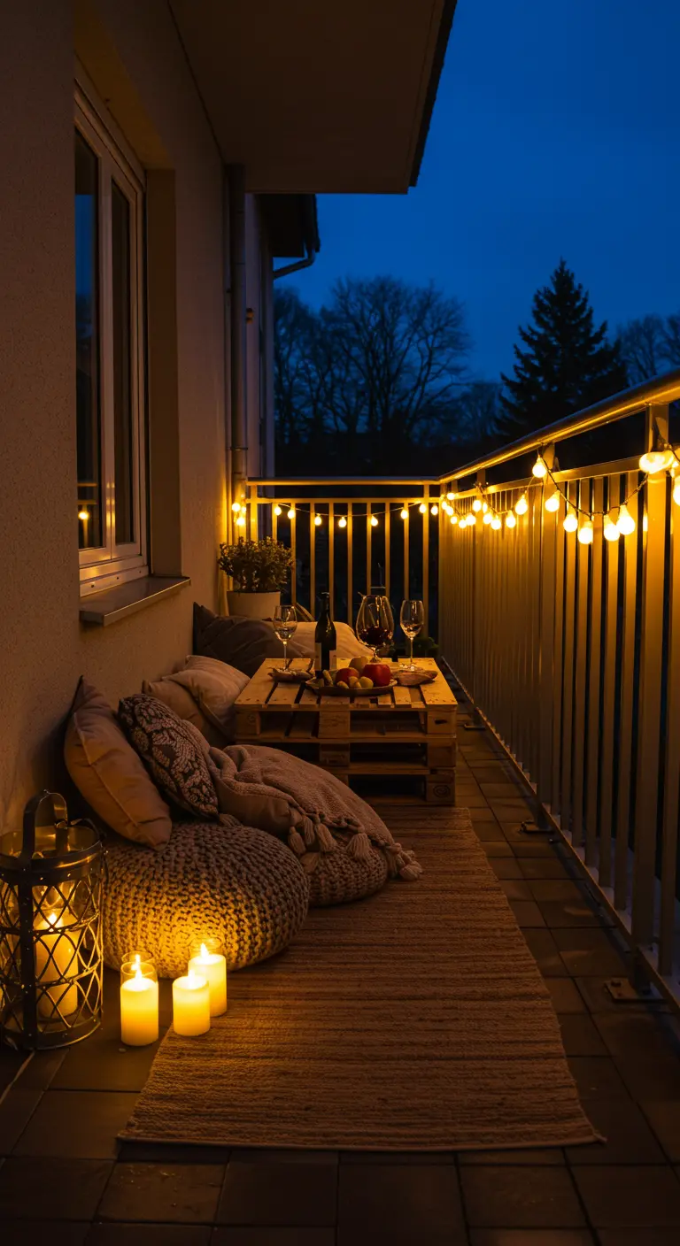 Balcón estrecho con una mesa baja de palets, cojines en el suelo, velas y una guirnalda de luces.