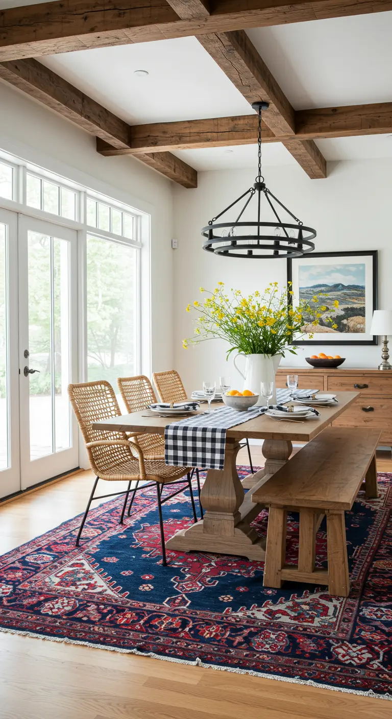 Comedor rústico con vigas de madera, mesa robusta, sillas de ratán y un banco