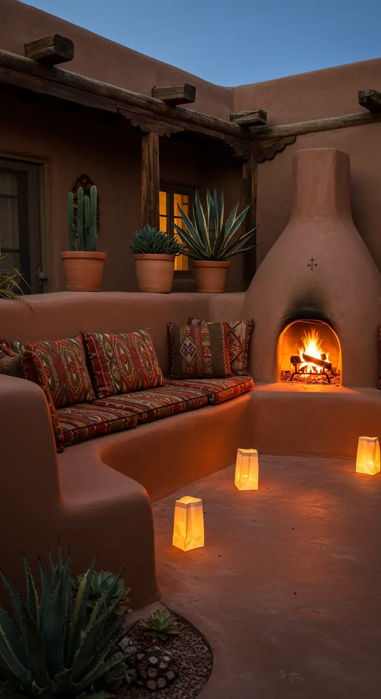 Patio de estilo adobe con chimenea de barro, banco de obra curvo y cojines con patrones étnicos.