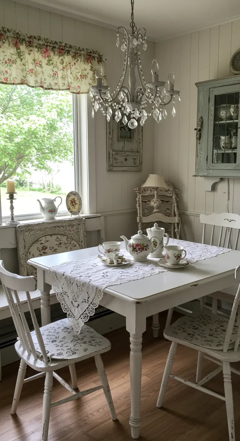 Comedor shabby chic con mesa blanca decapada, camino de encaje y pequeño candelabro de cristal.