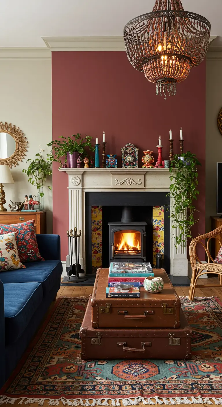 Salón con chimenea, lámpara de araña de cuentas y maletas vintage como mesa de centro