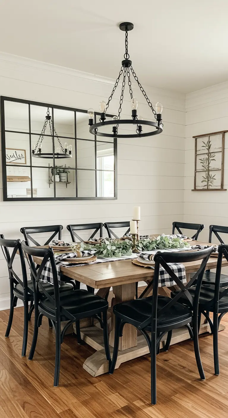 Comedor de estilo farmhouse con un gran espejo de cuarterones negros y mesa de madera