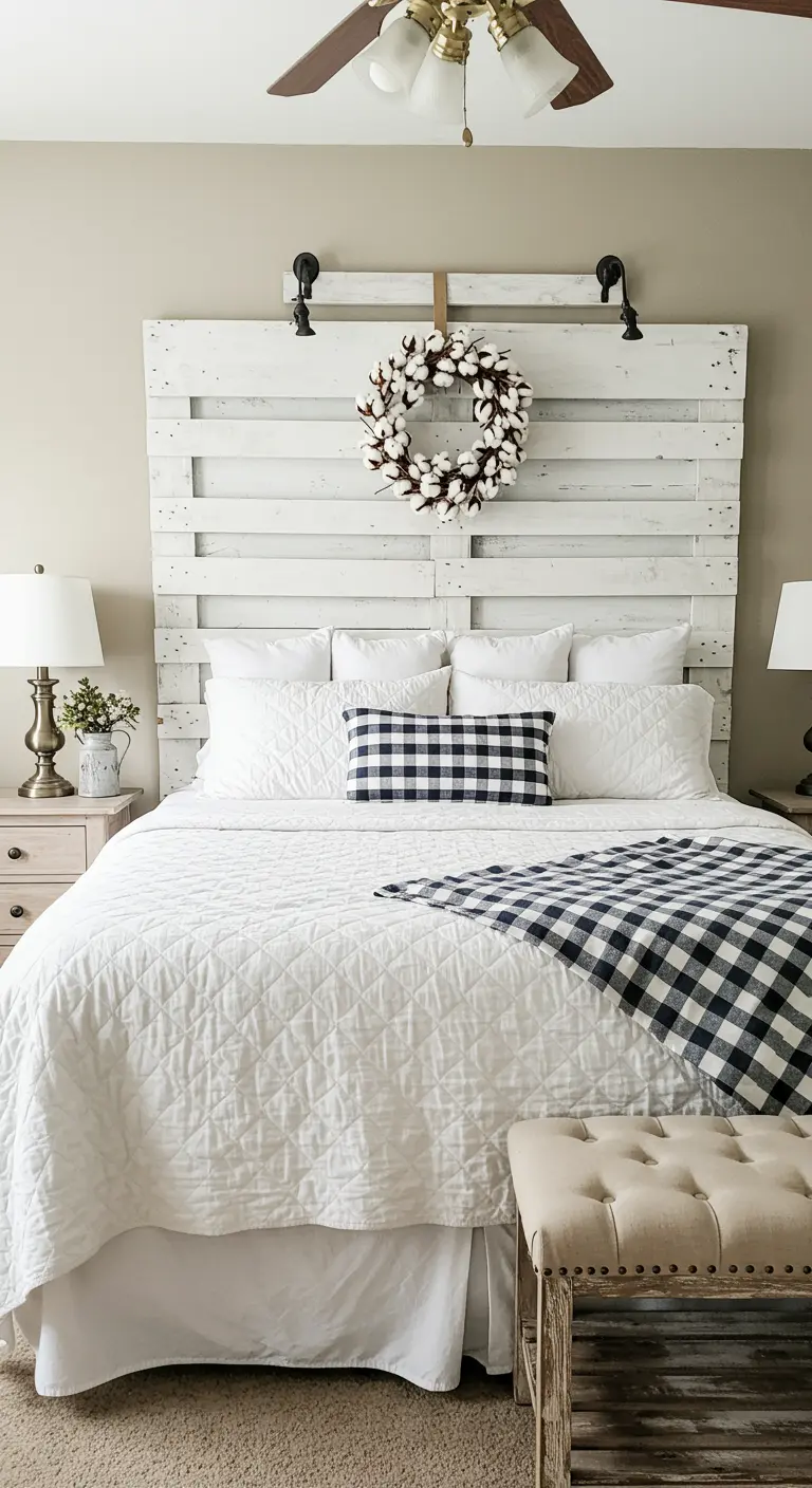 Cabecero alto de palet pintado de blanco con herrajes de granero y una corona de algodón.