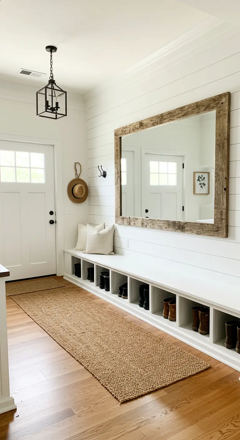 Entrada de estilo farmhouse con banco zapatero empotrado y un gran espejo con marco de madera rústica.