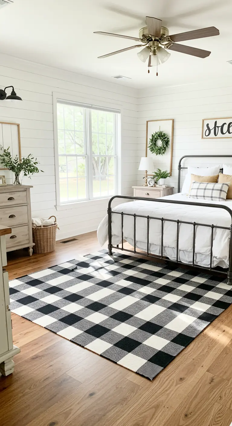 Dormitorio de estilo 'farmhouse' con una gran alfombra de cuadros búfalo en blanco y negro.