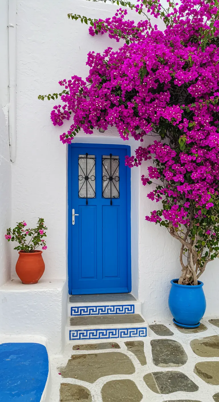 Típica estampa griega con pared blanca, puerta azul, buganvilla y escalones con azulejos de grecas.