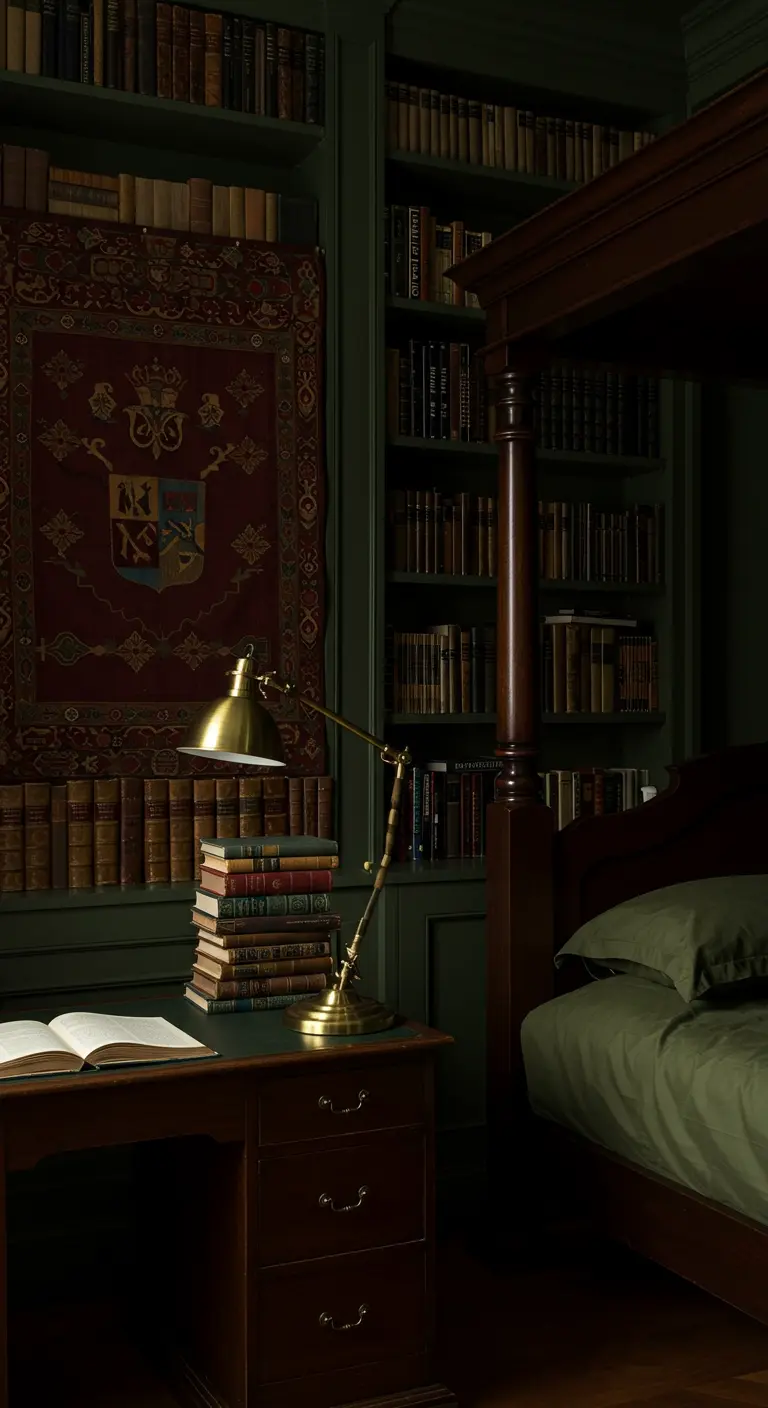 Dormitorio oscuro con estanterías, cama con dosel y un tapiz clásico con un escudo.
