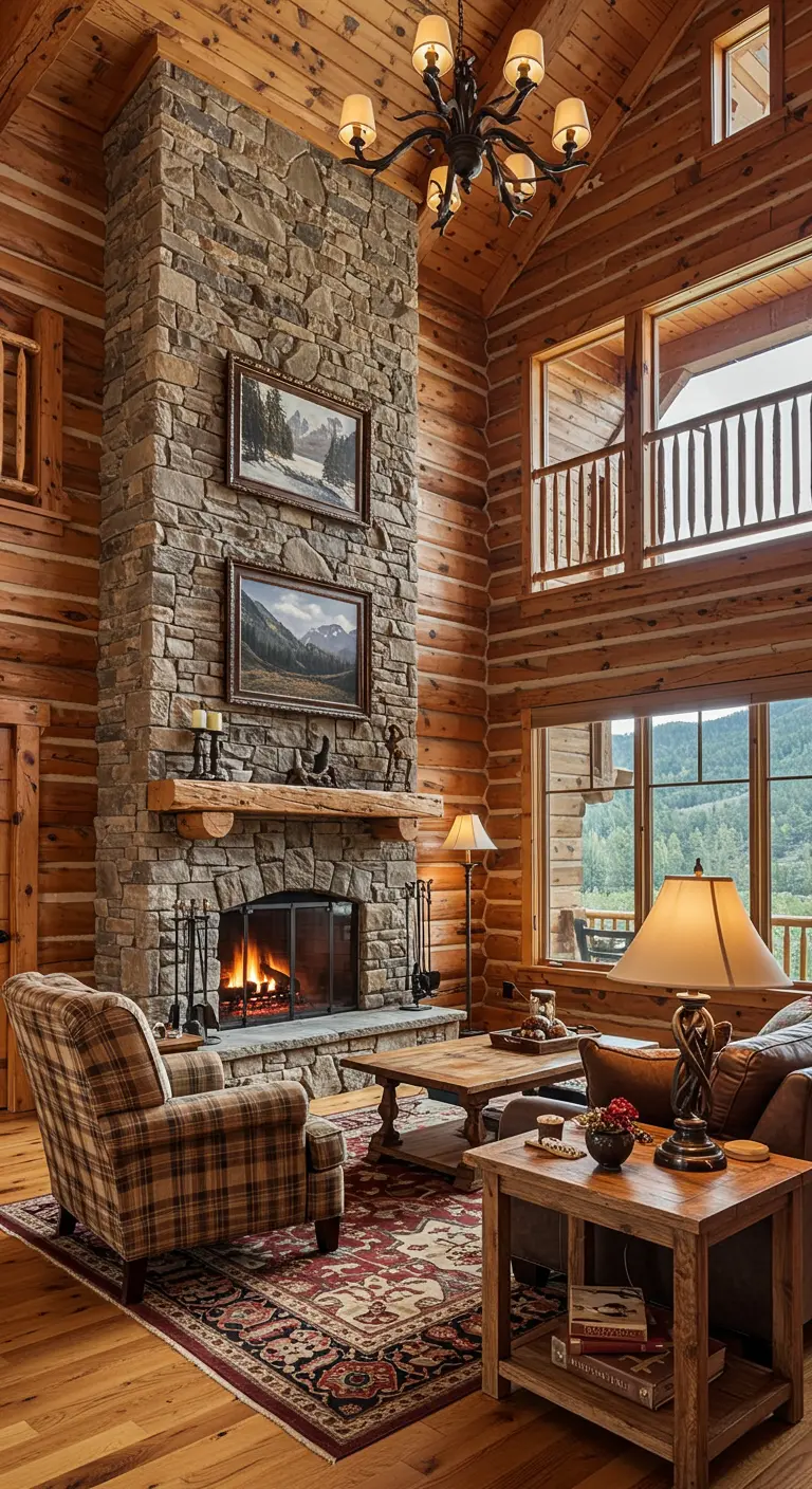 Gran salón estilo cabaña con paredes de troncos de madera y una chimenea de piedra.