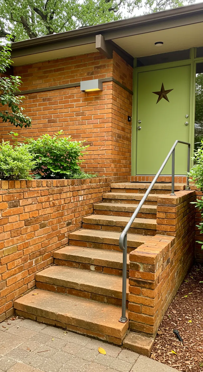 Entrada de estilo Mid-Century con pared de ladrillo y una puerta de color verde aguacate con una estrella.