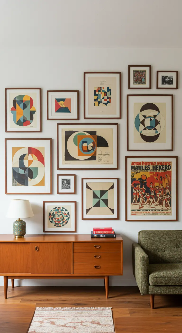 Pared de galería con arte gráfico de estilo Mid-Century sobre un aparador de madera