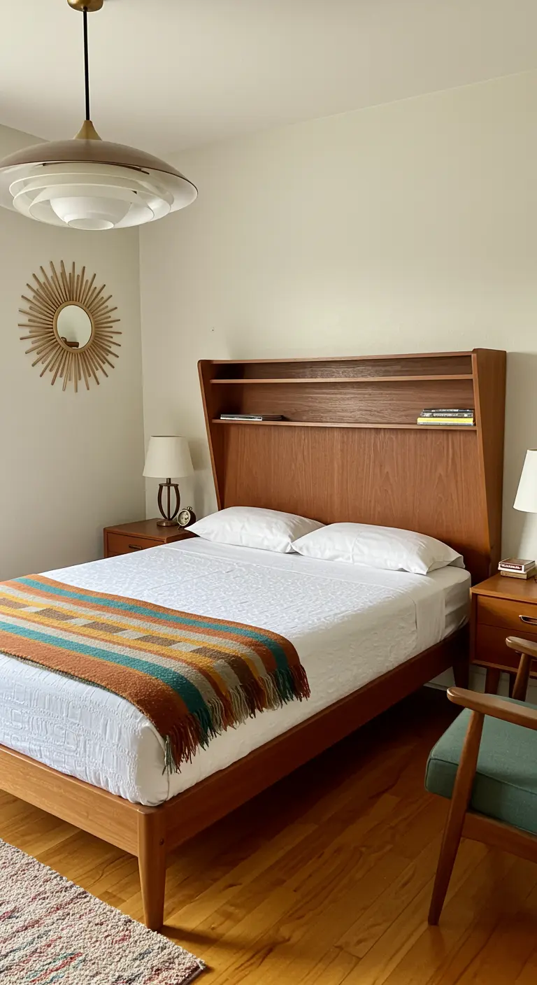 Dormitorio Mid-Century Modern con cama de teca con estantería y manta de colores