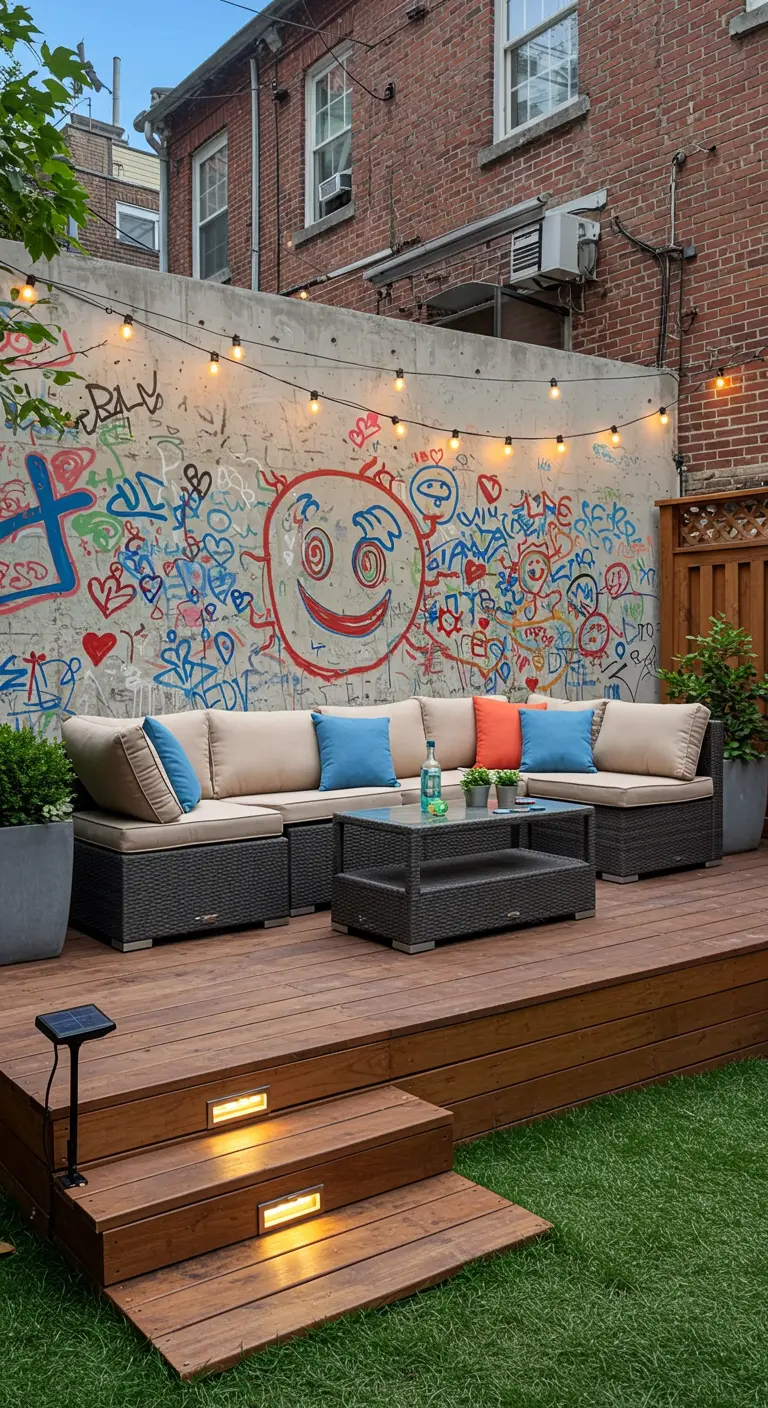Patio con pared de hormigón pintada con grafitis de estilo infantil y una guirnalda de luces