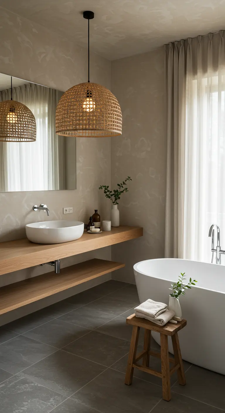 Baño de estilo natural con una lámpara colgante de ratán sobre el lavabo