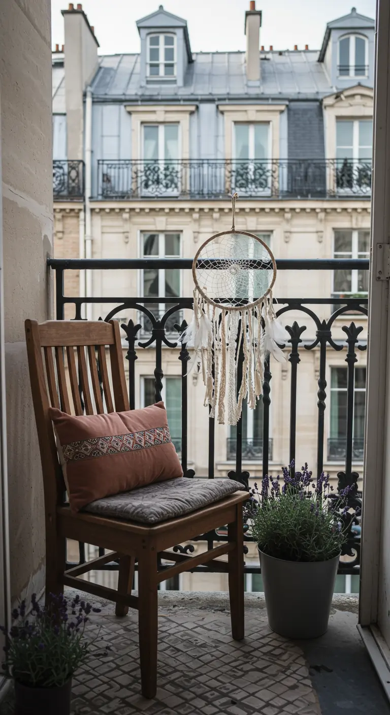 Pequeño balcón parisino con una silla de madera, lavanda y un atrapasueños en la barandilla.