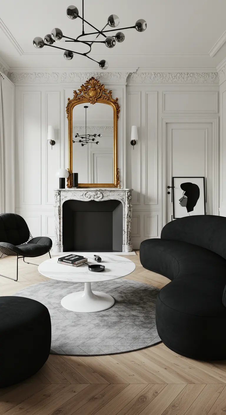 Sala de estilo parisino con molduras, espejo dorado, chimenea de mármol y sofá curvo.