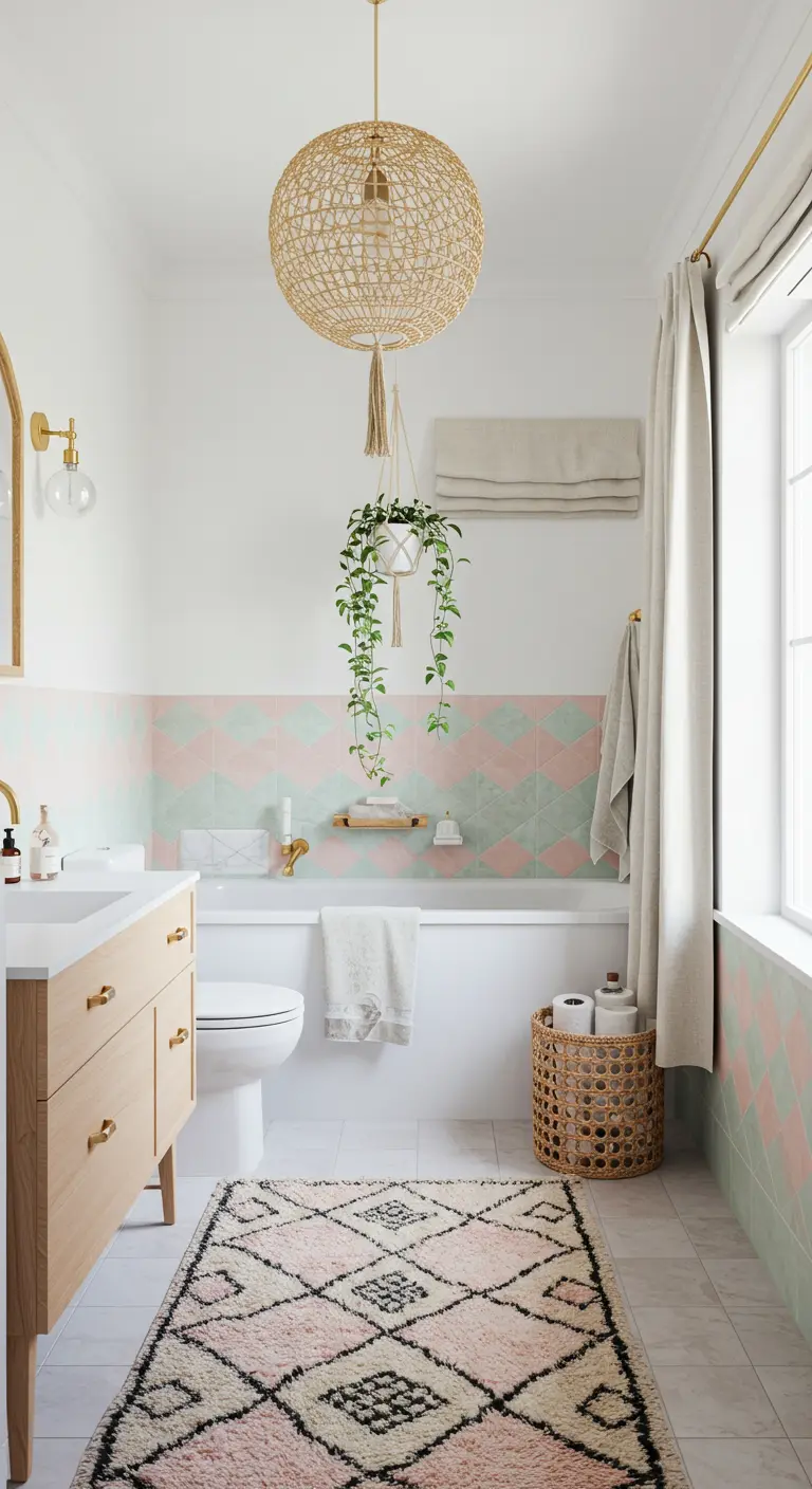 Baño luminoso con azulejos de rombos en menta y rosa, alfombra bereber y lámpara de mimbre.