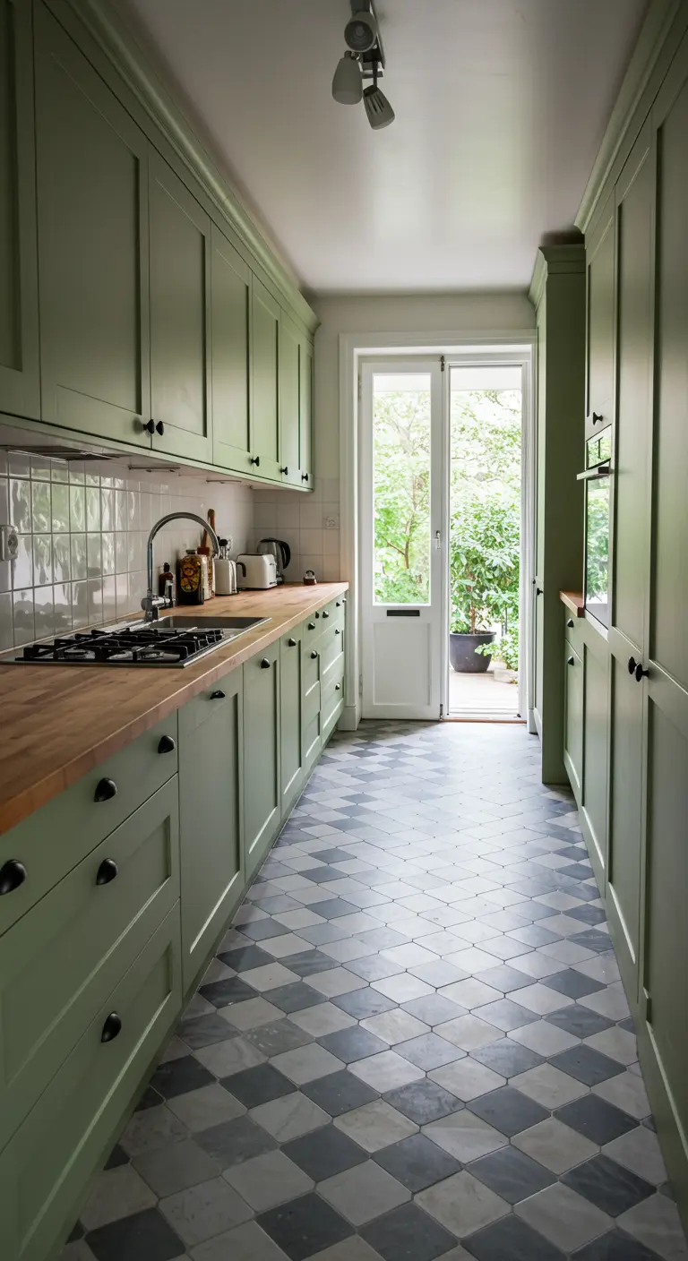 Cocina estrecha con gabinetes verde salvia y un suelo de baldosas en damero.