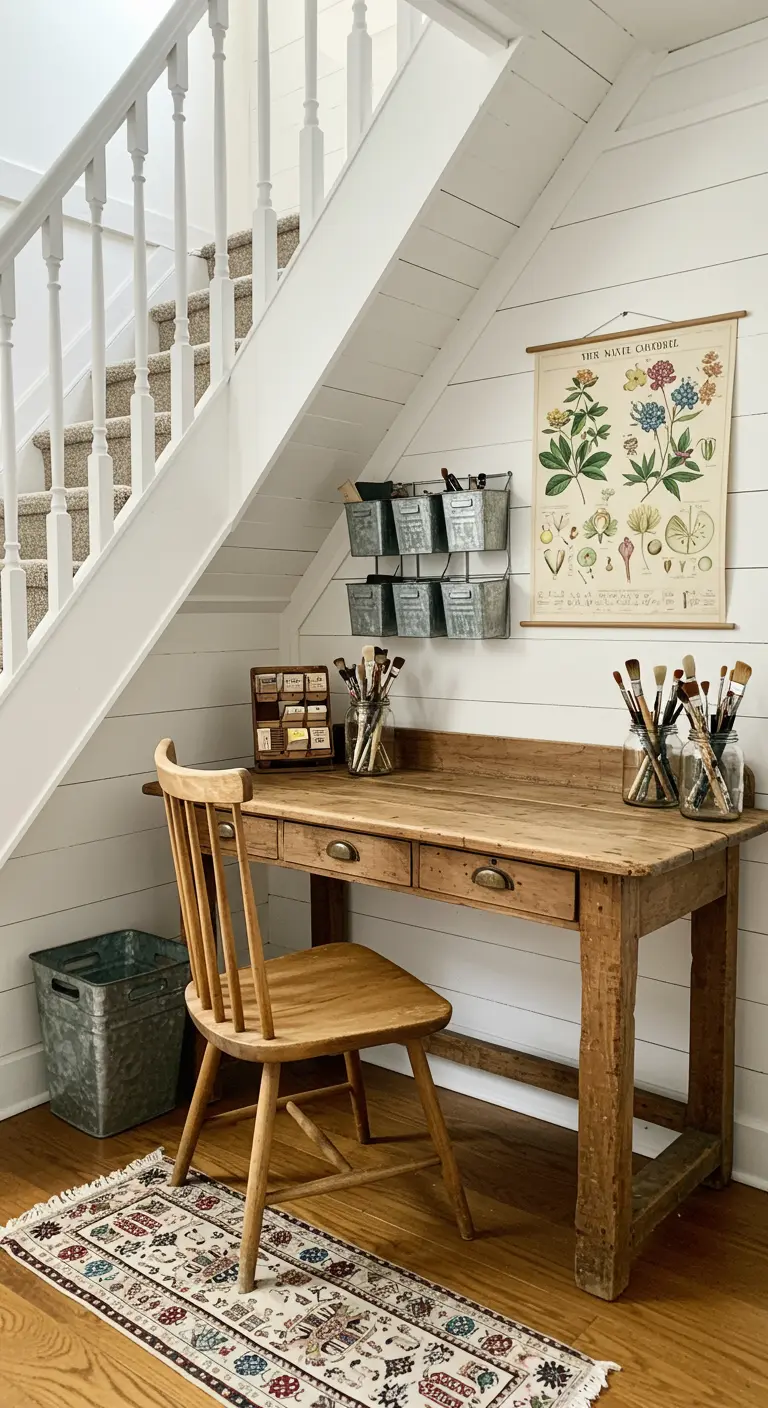 Estudio rústico bajo una escalera blanca, con escritorio de madera envejecida y organizadores de metal.