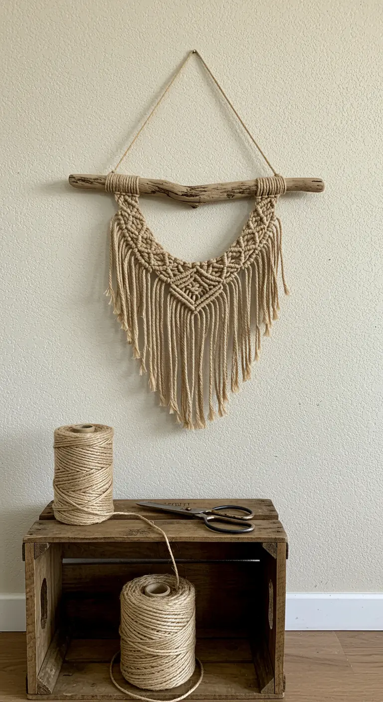 Tapiz de macramé de yute colgado de una rama de madera natural con mucha textura