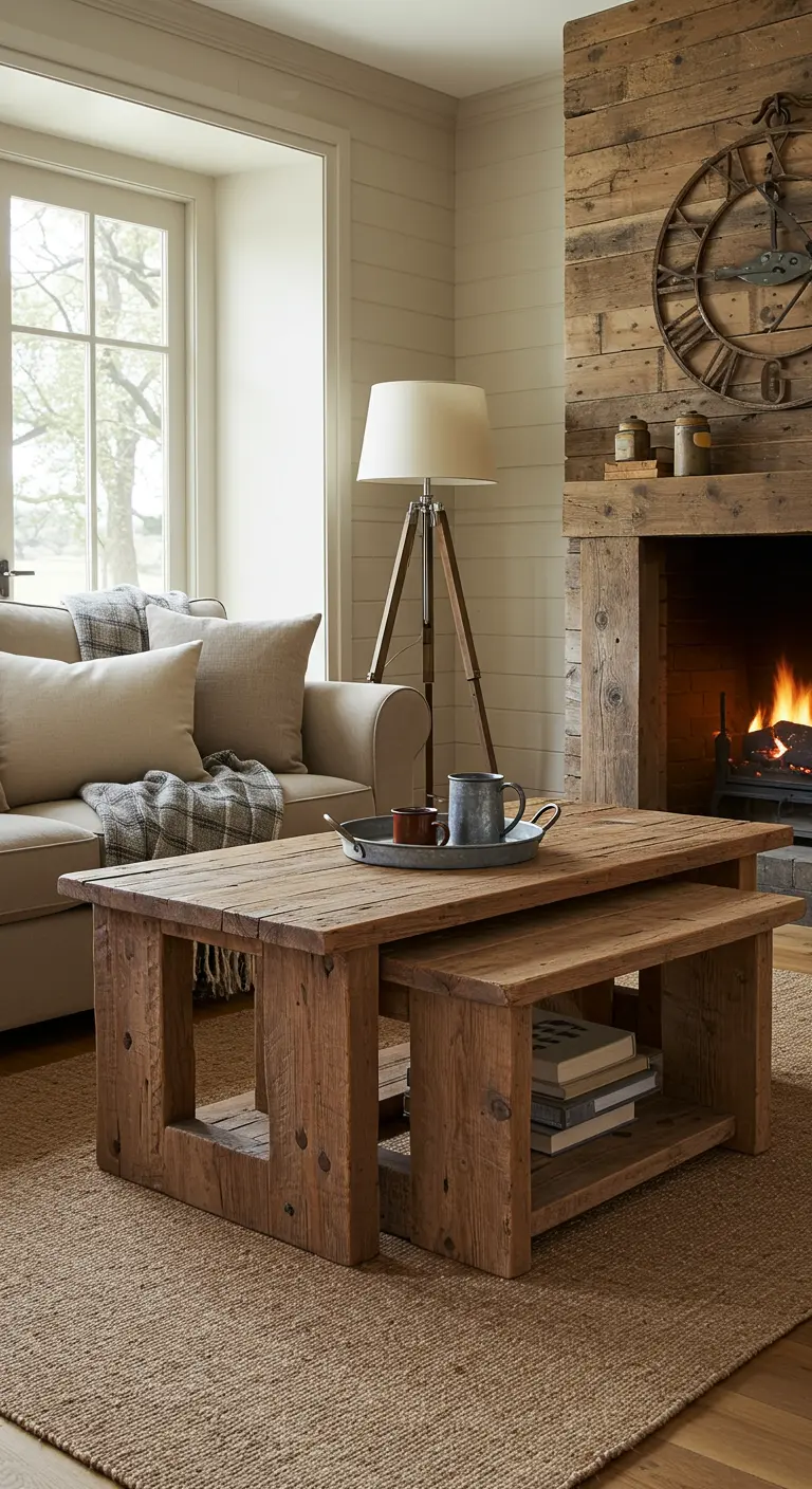 Mesas nido robustas de madera rústica recuperada frente a una chimenea de piedra