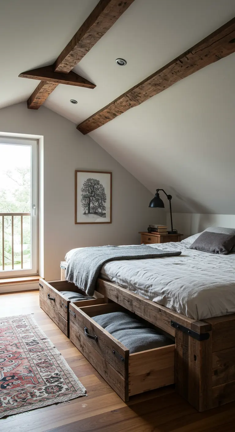 Cama rústica de madera maciza con vigas en el techo y grandes cajones con tiradores de metal.