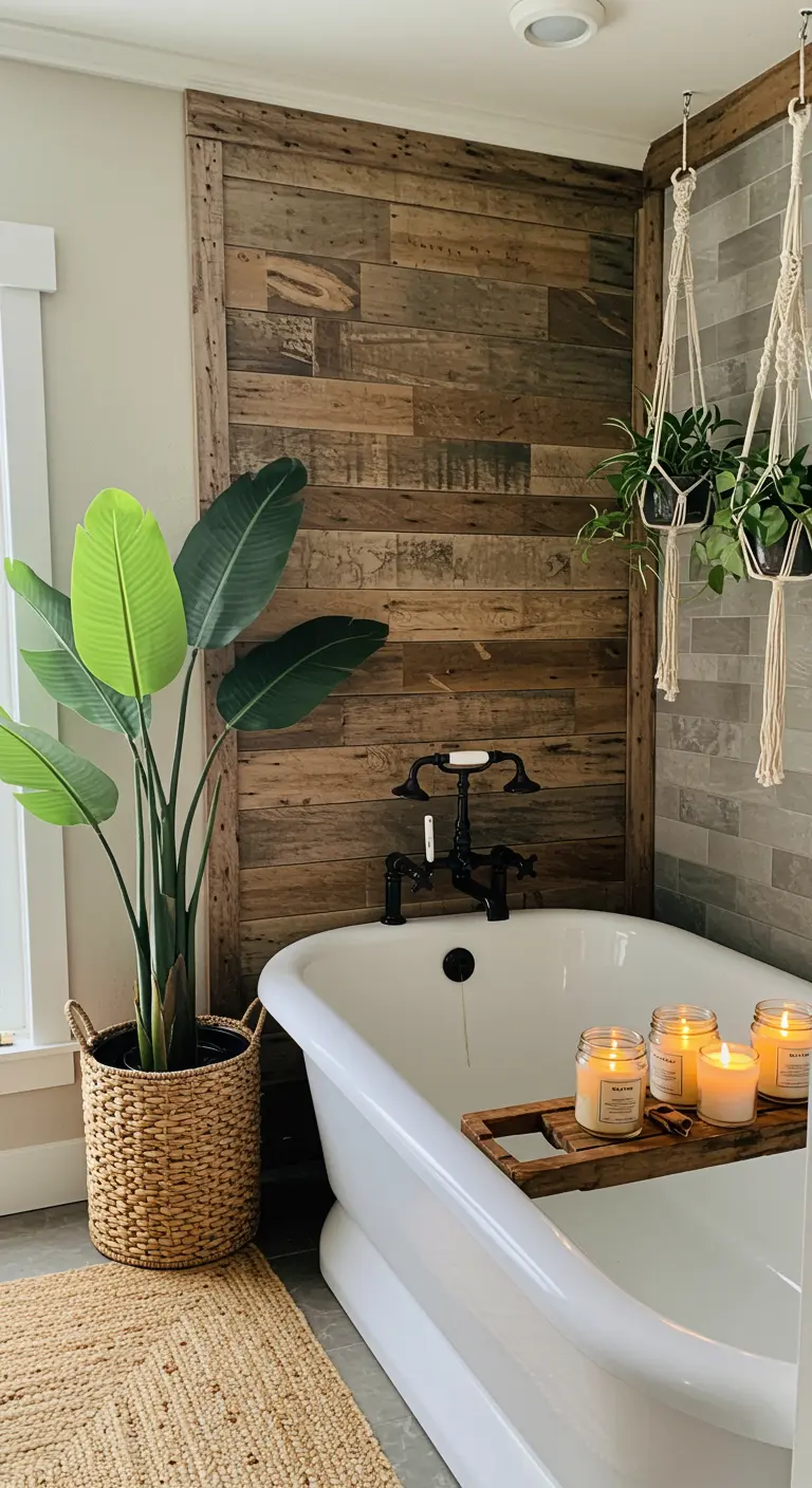 Baño rústico bohemio con pared de madera reciclada y plantas colgantes.