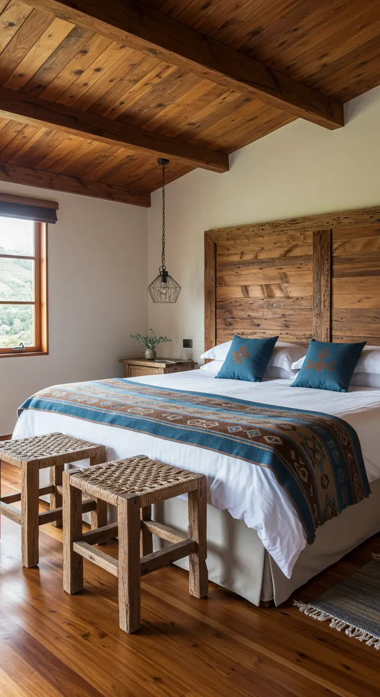 Dormitorio con techo y cabecero de madera rústica, y textiles en tonos azules y blancos.