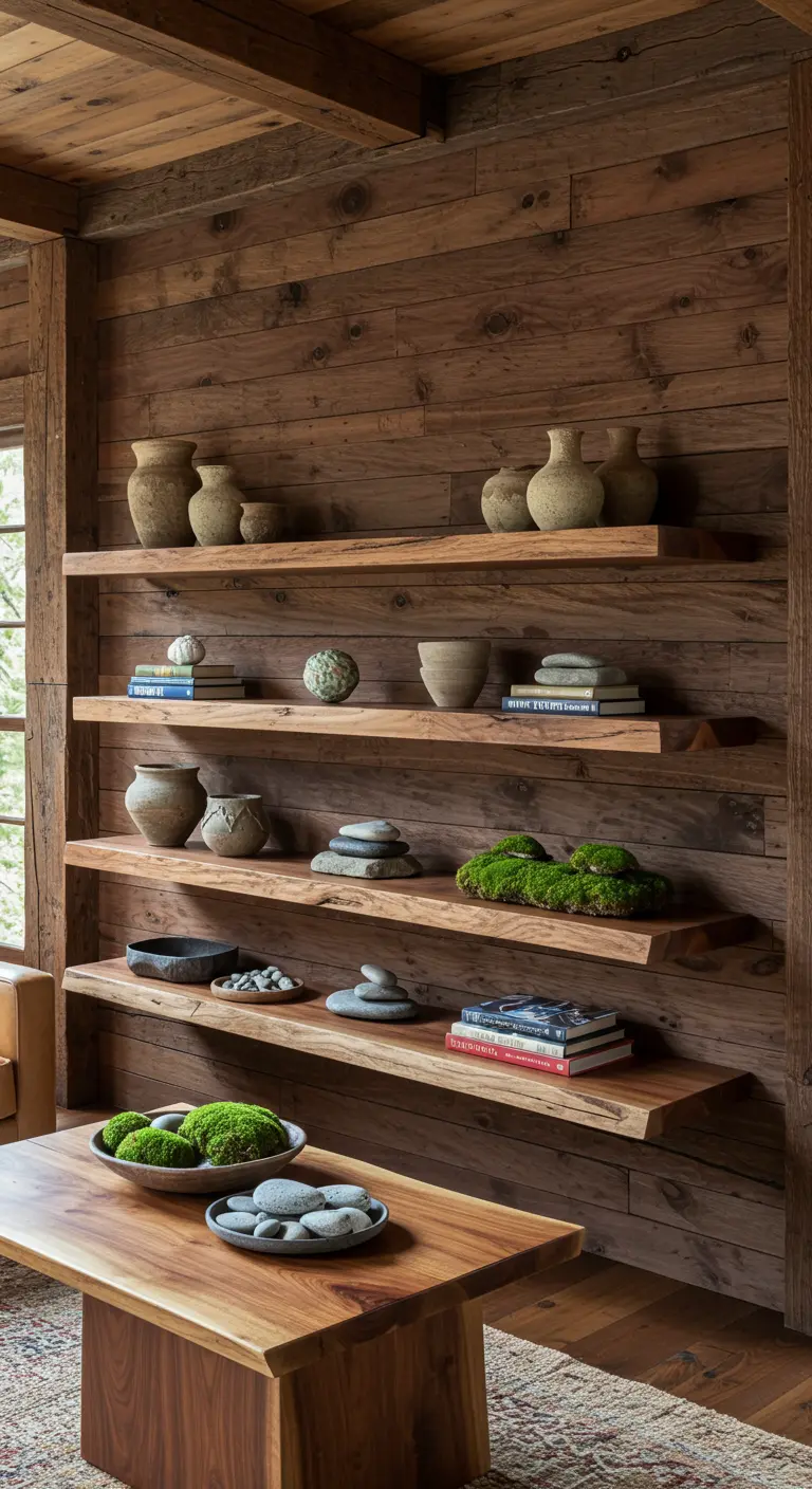 Estanterías flotantes de madera rústica y borde irregular en una cabaña con paredes de madera.