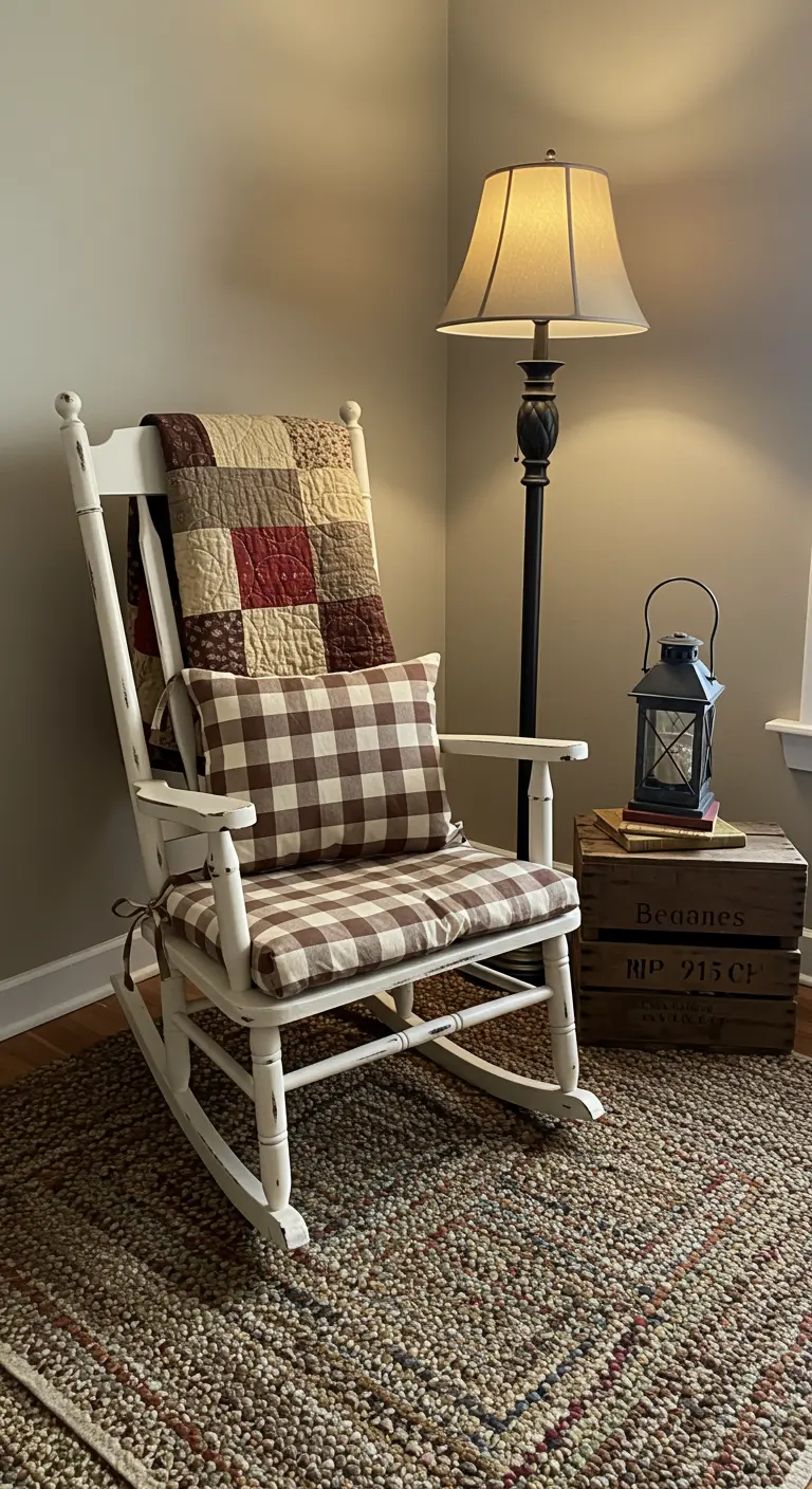 Mecedora blanca de estilo rústico con un cojín de cuadros y una colcha patchwork.