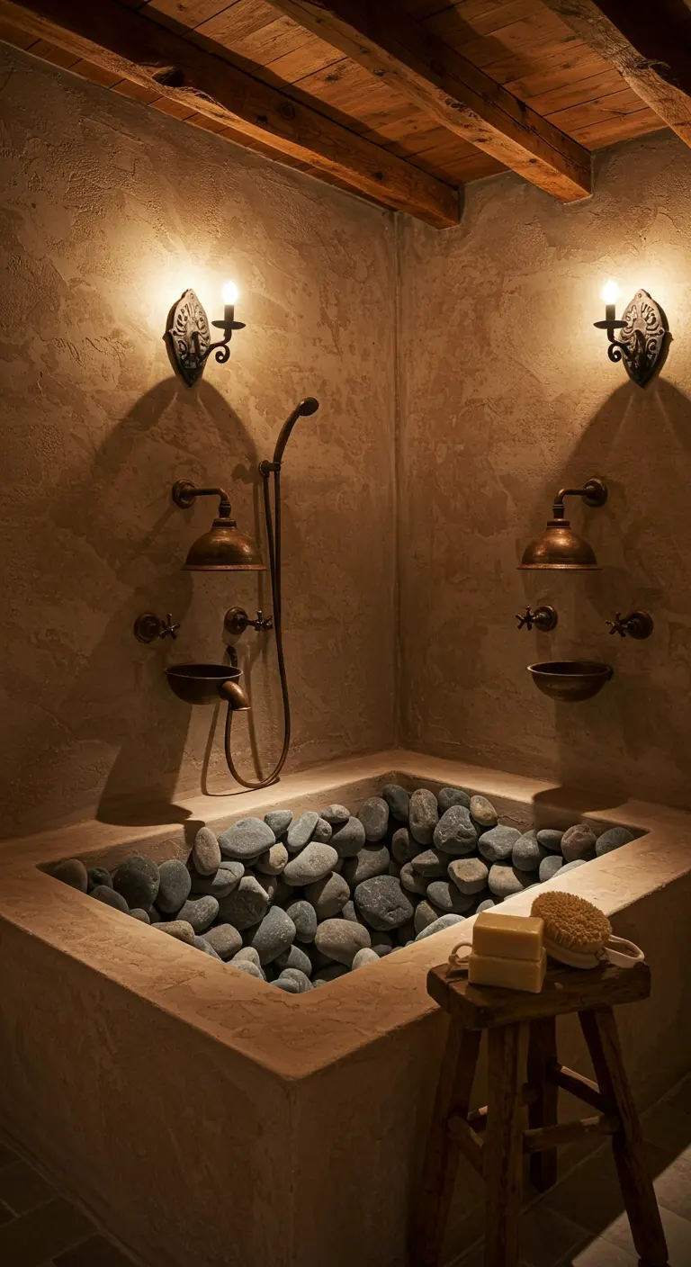 Baño rústico con paredes de estuco, apliques de hierro y una bañera con piedras