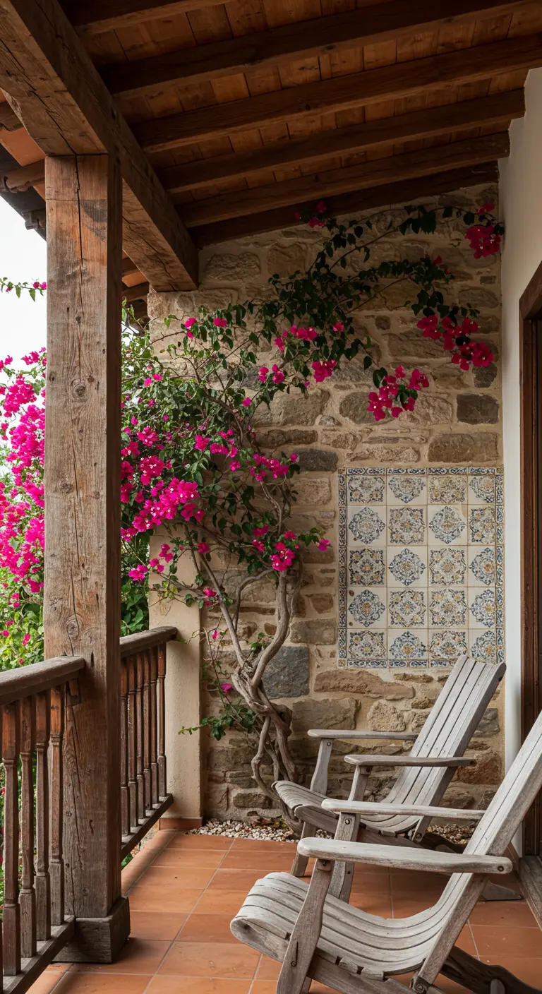 Balcón rústico con pared de piedra, vigas de madera y buganvilla fucsia.