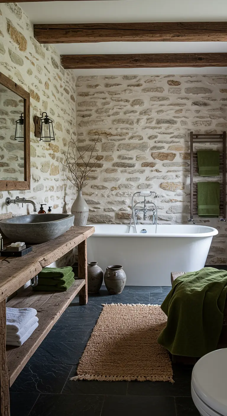 Baño rústico con pared de piedra, mueble de madera recuperada y suelo de pizarra.