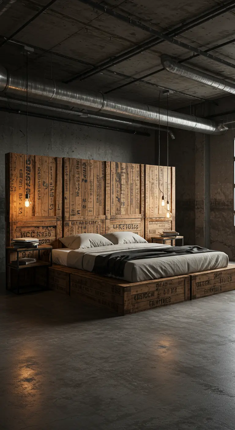 Cabecera y base de cama hechas con cajas de madera de embalaje antiguas con letras estampadas.