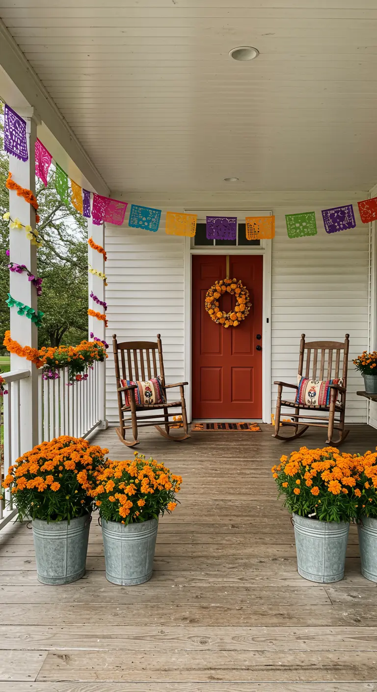 Porche de madera blanca con mecedoras, macetas de cempasúchil y papel picado.