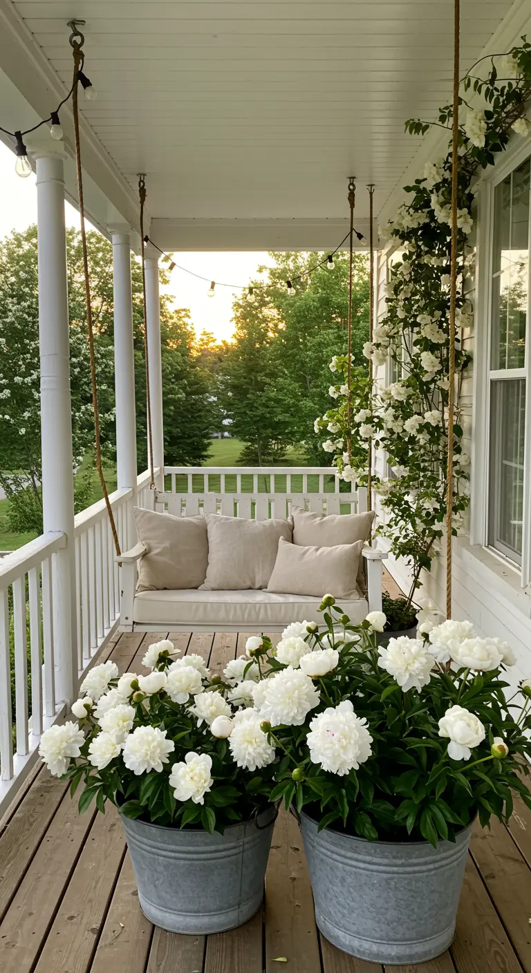 Porche blanco con un columpio, rosales trepadores y peonías blancas en cubos de metal.