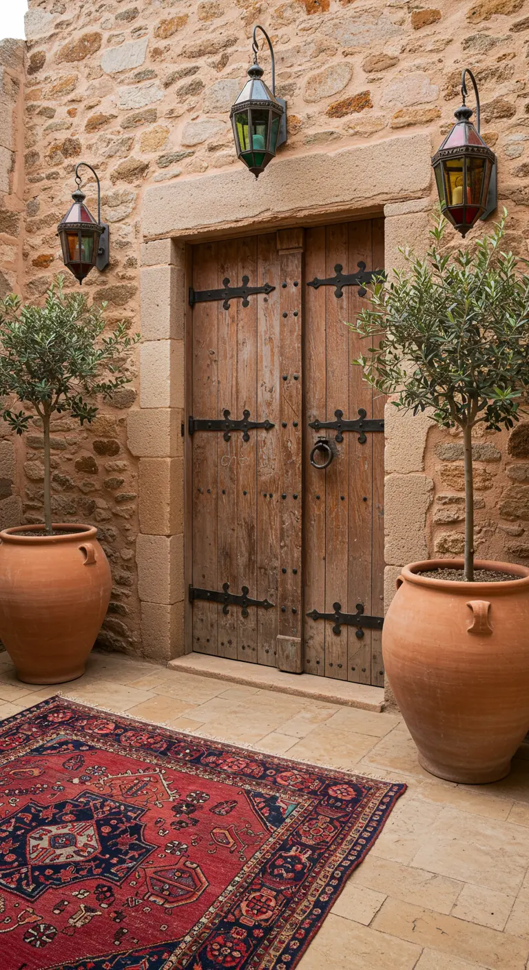 Puerta de madera rústica en una pared de piedra, flanqueada por olivos en macetas de terracota