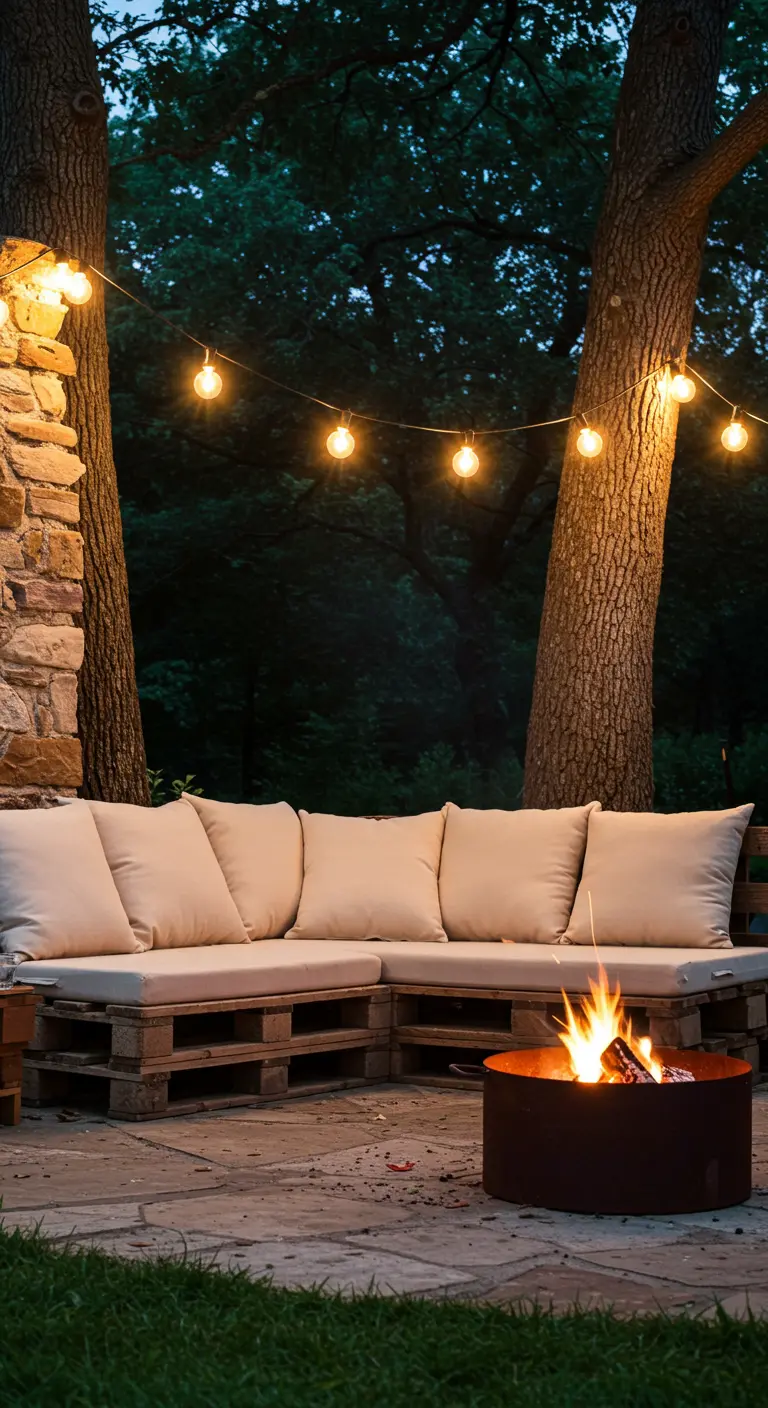 Sofá de palets con cojines beis, guirnaldas de luces y un brasero en un patio rústico de piedra.